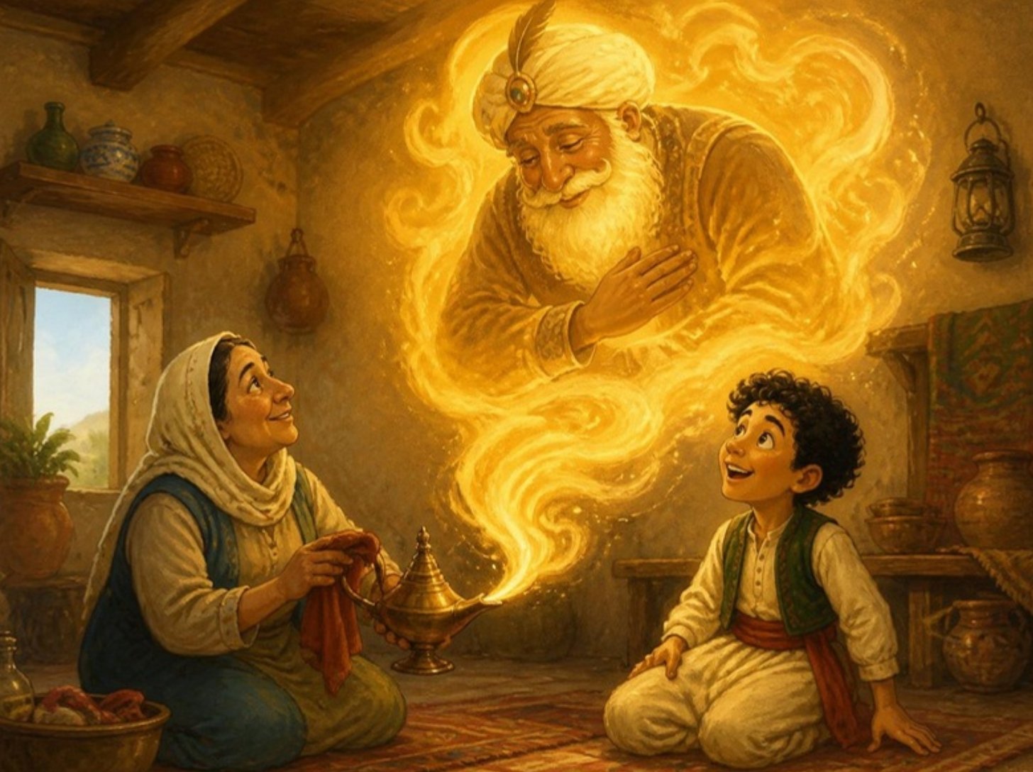 Aladinova majka trlja staru svetiljku, a iz nje izlazi ogromni duh