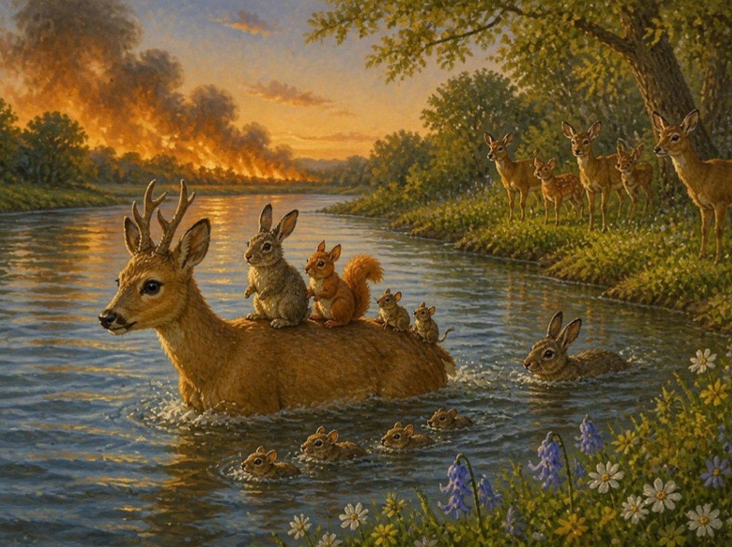 Odrasli Bambi prevodi zeca, vevericu i miševe preko reke na sigurnu obalu