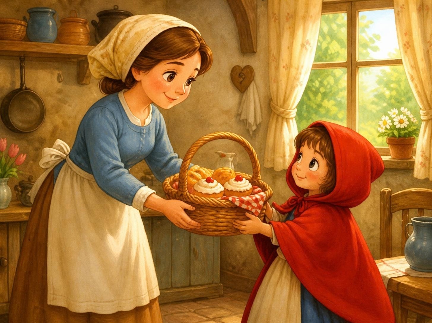 Mama daje Crvenkapi korpu sa kolačima za baku Mama daje Crvenkapi korpu sa kolačima za baku
