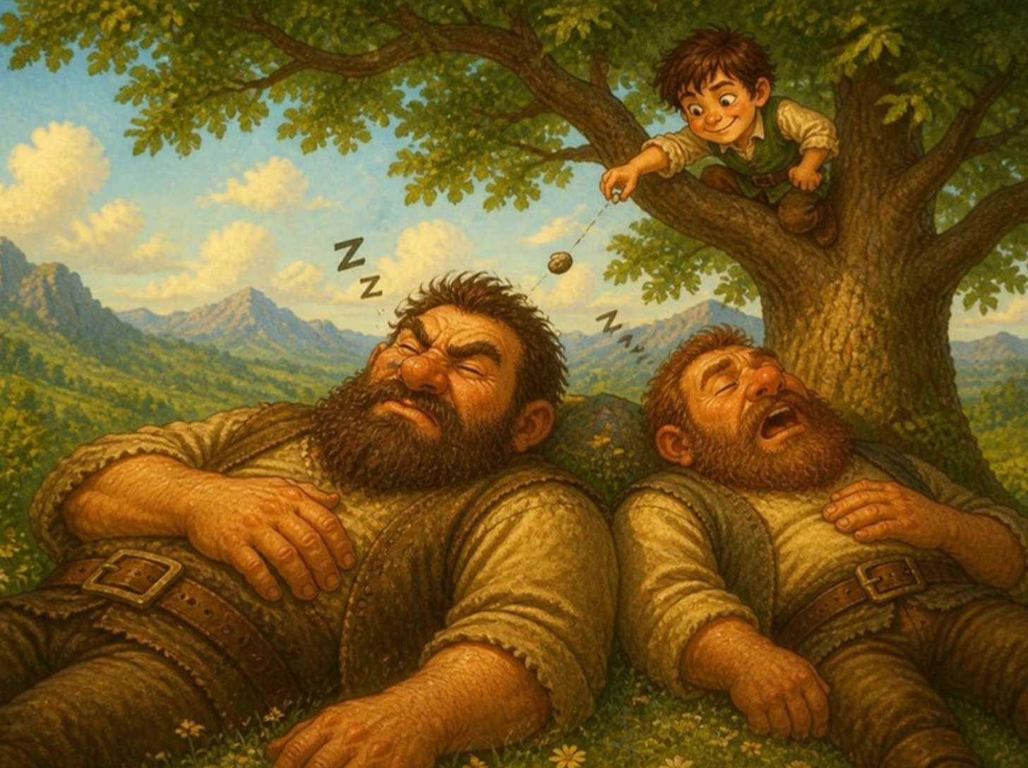 Krojač sa krošnje baca kamenčić na dva džina koji hrču ispod drveta