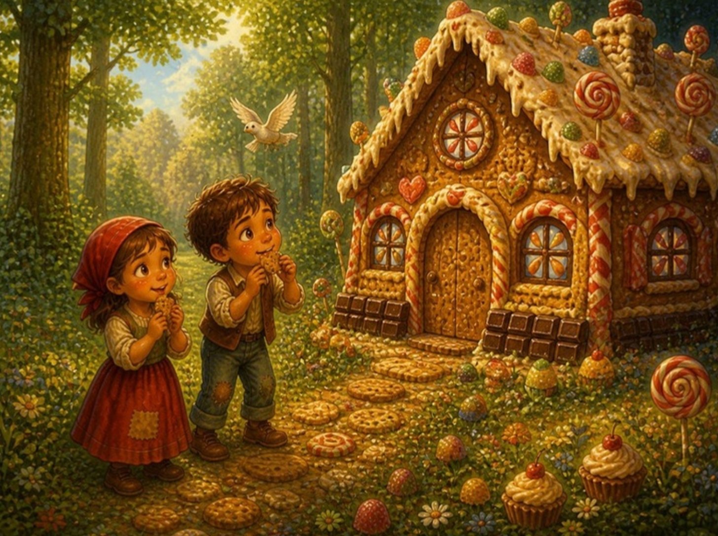 Bela ptičica dovodi Ivicu i Maricu do kućice od kolača i čokolade Bela ptičica dovodi Ivicu i Maricu do kućice od kolača i čokolade