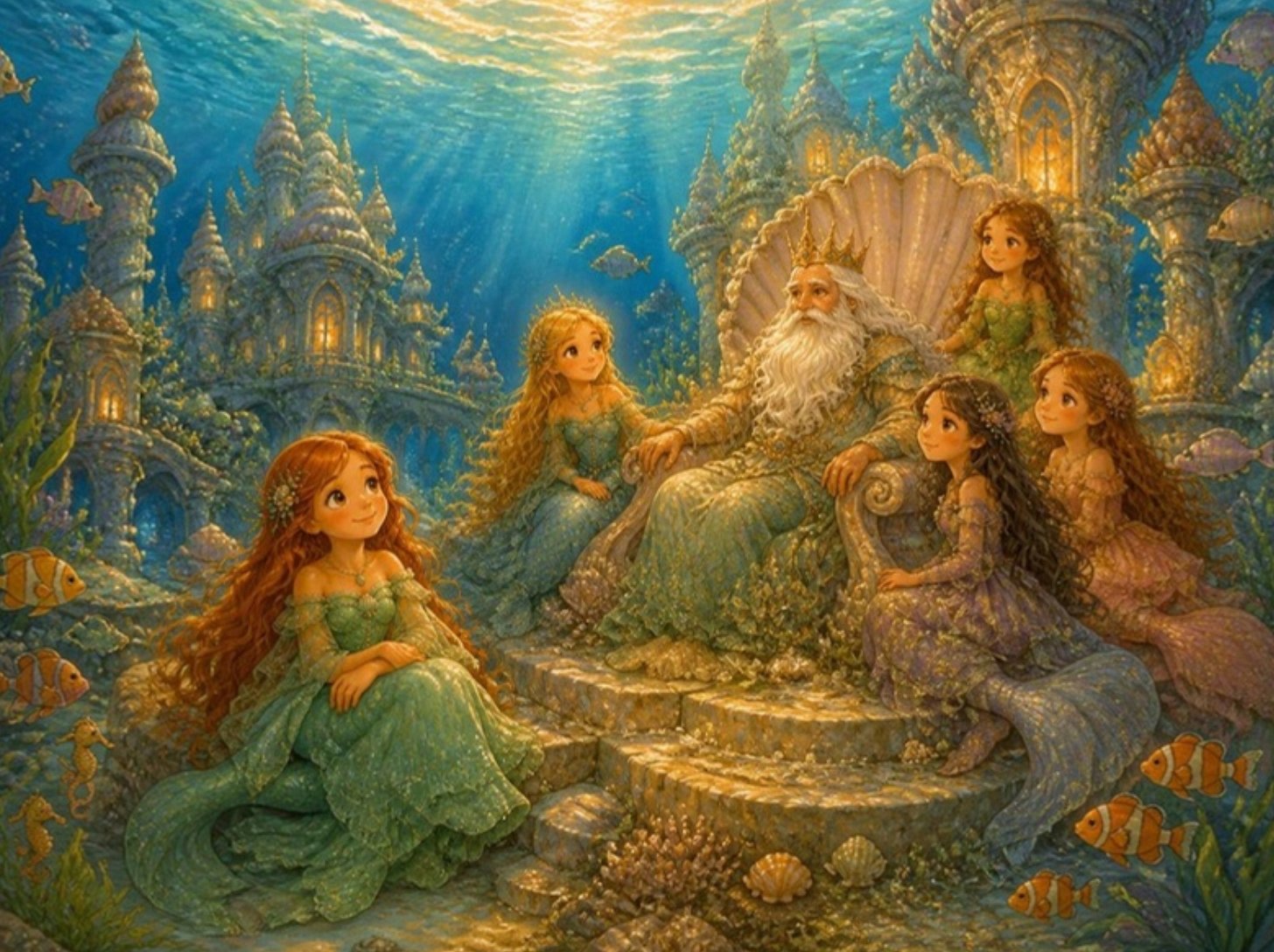 Kralj mora sa kćerima sirenama u podvodnoj palati, a Mala Sirena sanjivo gleda ka površini Kralj mora sa kćerima sirenama u podvodnoj palati, a Mala Sirena sanjivo gleda ka površini