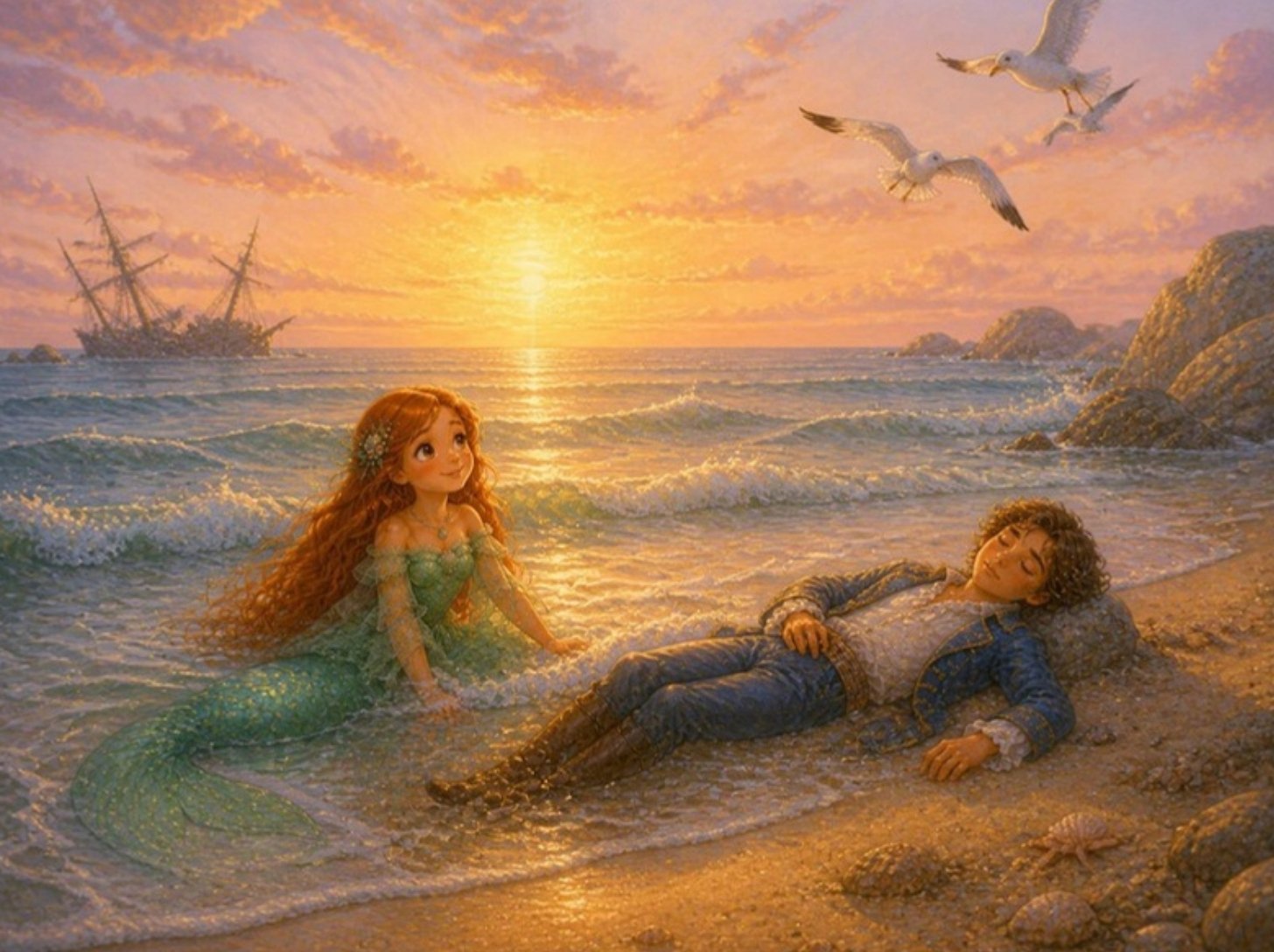 Mala Sirena u svitanje bdi nad spasenim mladićem na obali, a u daljini je polomljeni brod Mala Sirena u svitanje bdi nad spasenim mladićem na obali, a u daljini je polomljeni brod