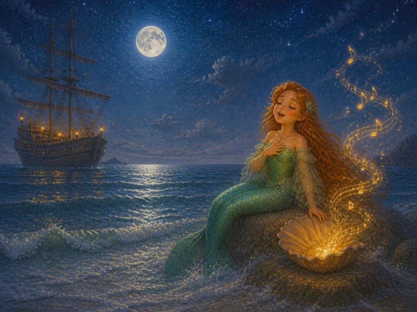 Mala Sirena peva na steni pod mesečinom, a iz školjke lete svetlucave note ka brodu Mala Sirena peva na steni pod mesečinom, a iz školjke lete svetlucave note ka brodu