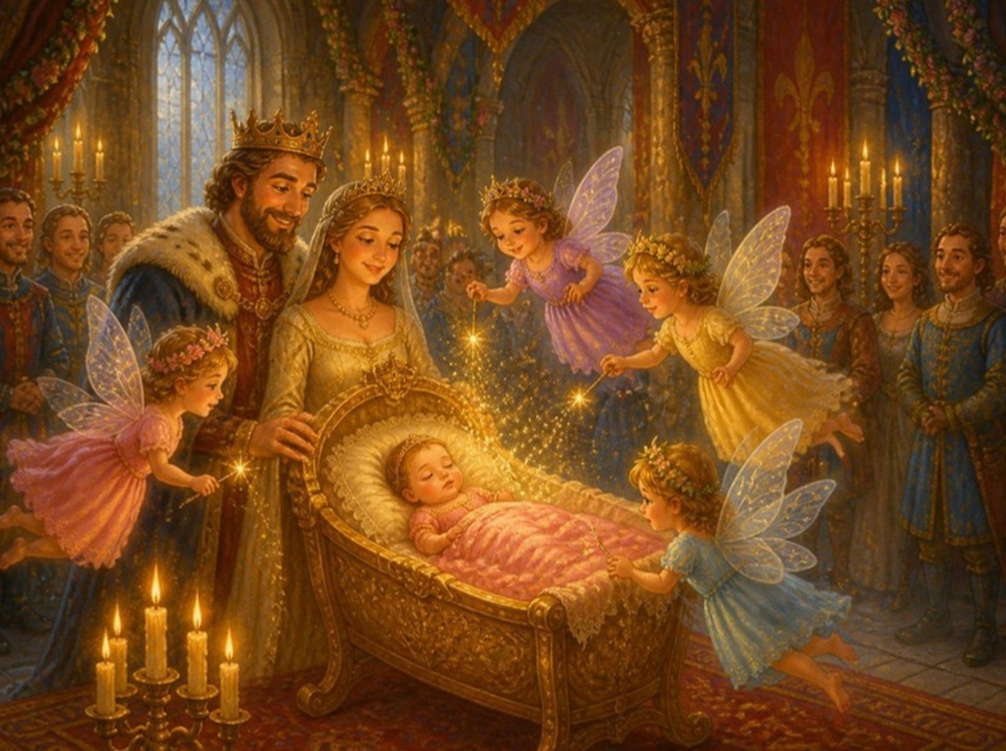 Vile izgovaraju lepe želje maloj princezi u kolevci, a kralj i kraljica se raduju