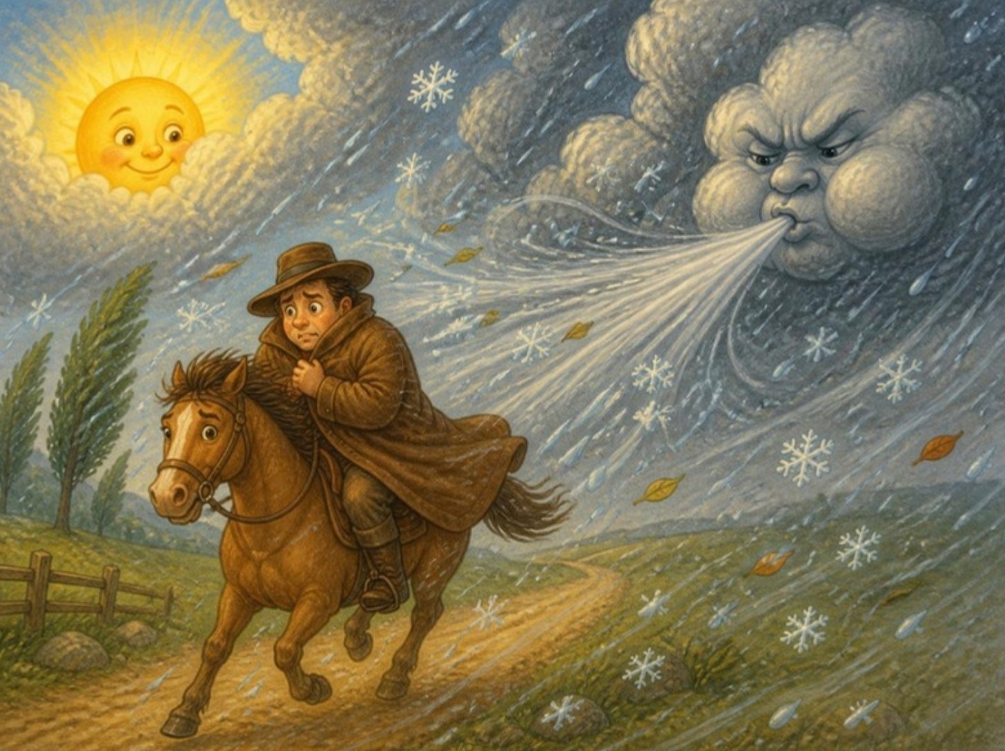 Severac duva iz sve snage, a putnik na konju se čvrsto umotava u ogrtač dok Sunce posmatra iza oblaka