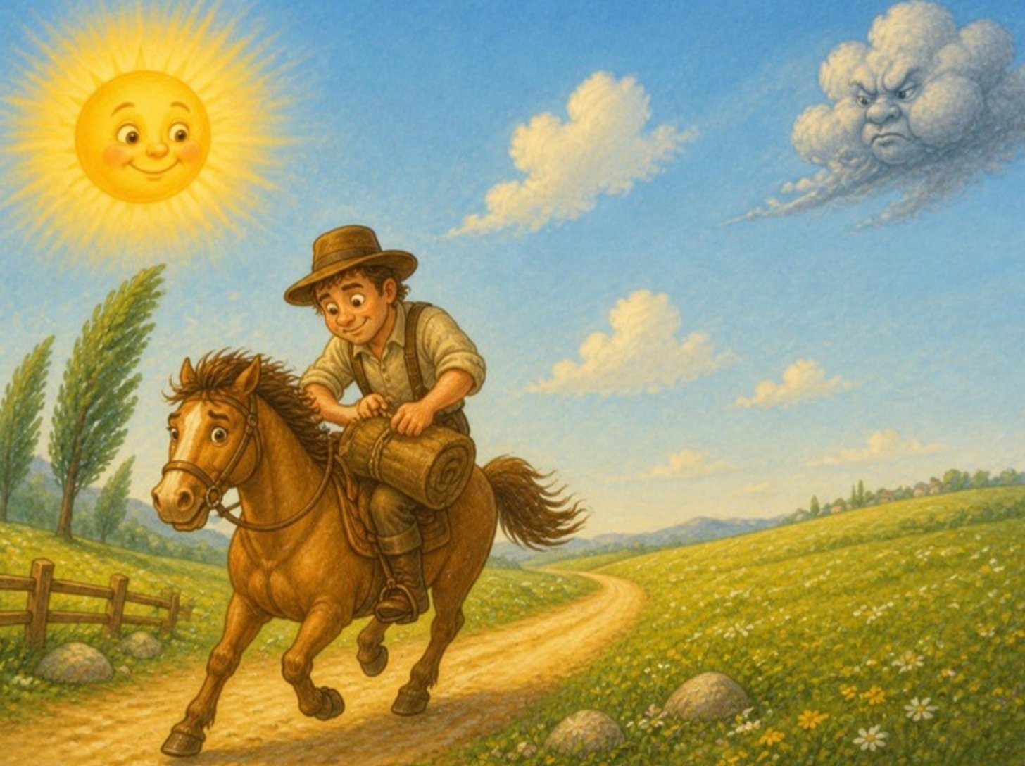 Sunce sija na vedrom nebu, a nasmejani putnik je skinuo ogrtač i vezuje ga za sedlo