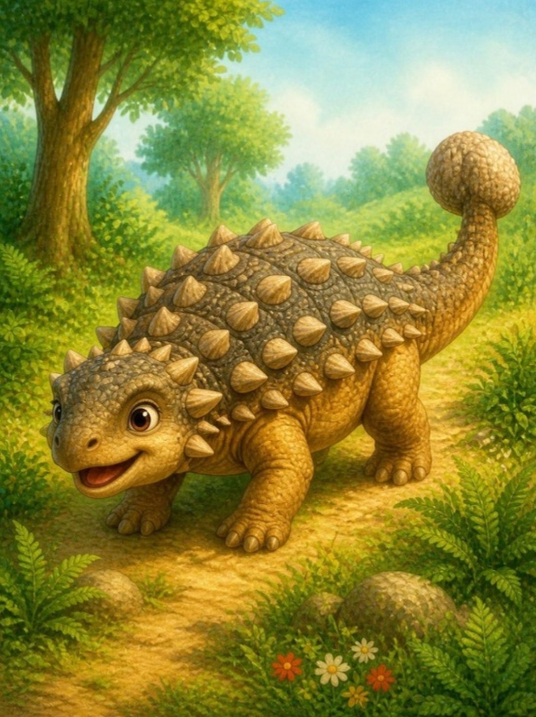 Nasmejani ankilosaurus sa koštanim oklopom i toljagom na repu šeta livadom
