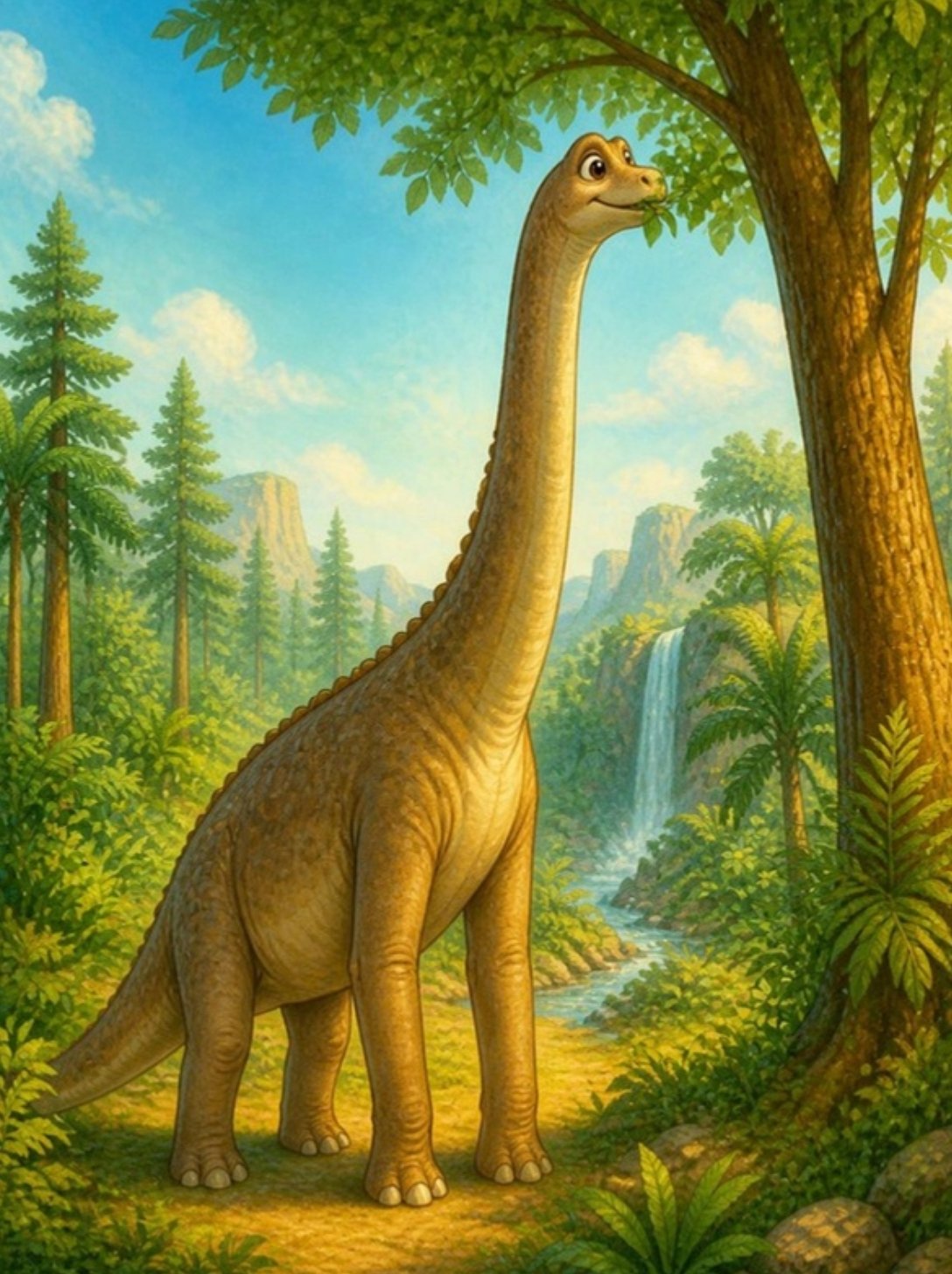 Brahiosaurus dugačkim vratom brsti lišće sa vrha visokog drveta