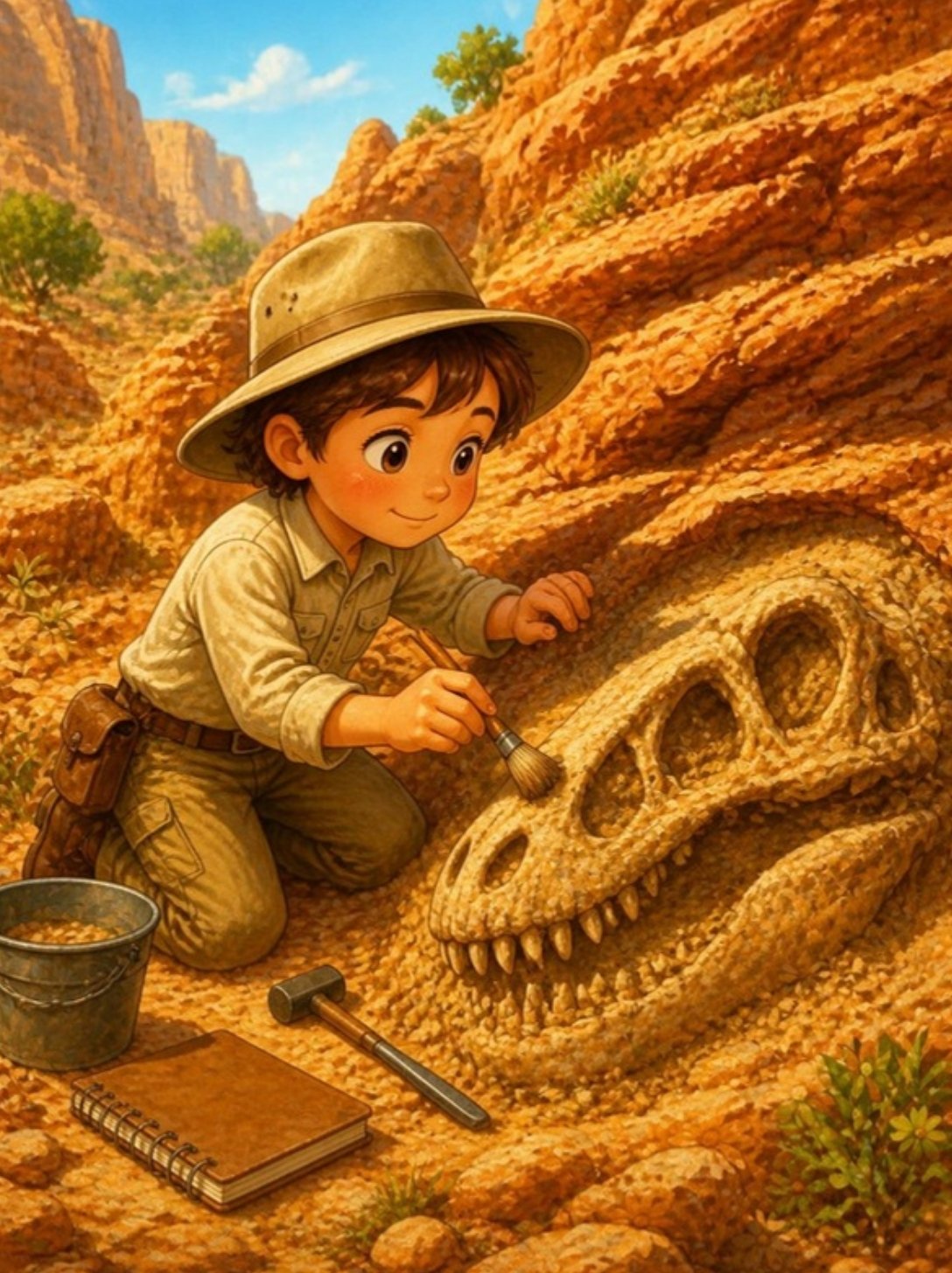 Dete sa šeširom četkicom otkriva lobanju dinosaurusa u steni