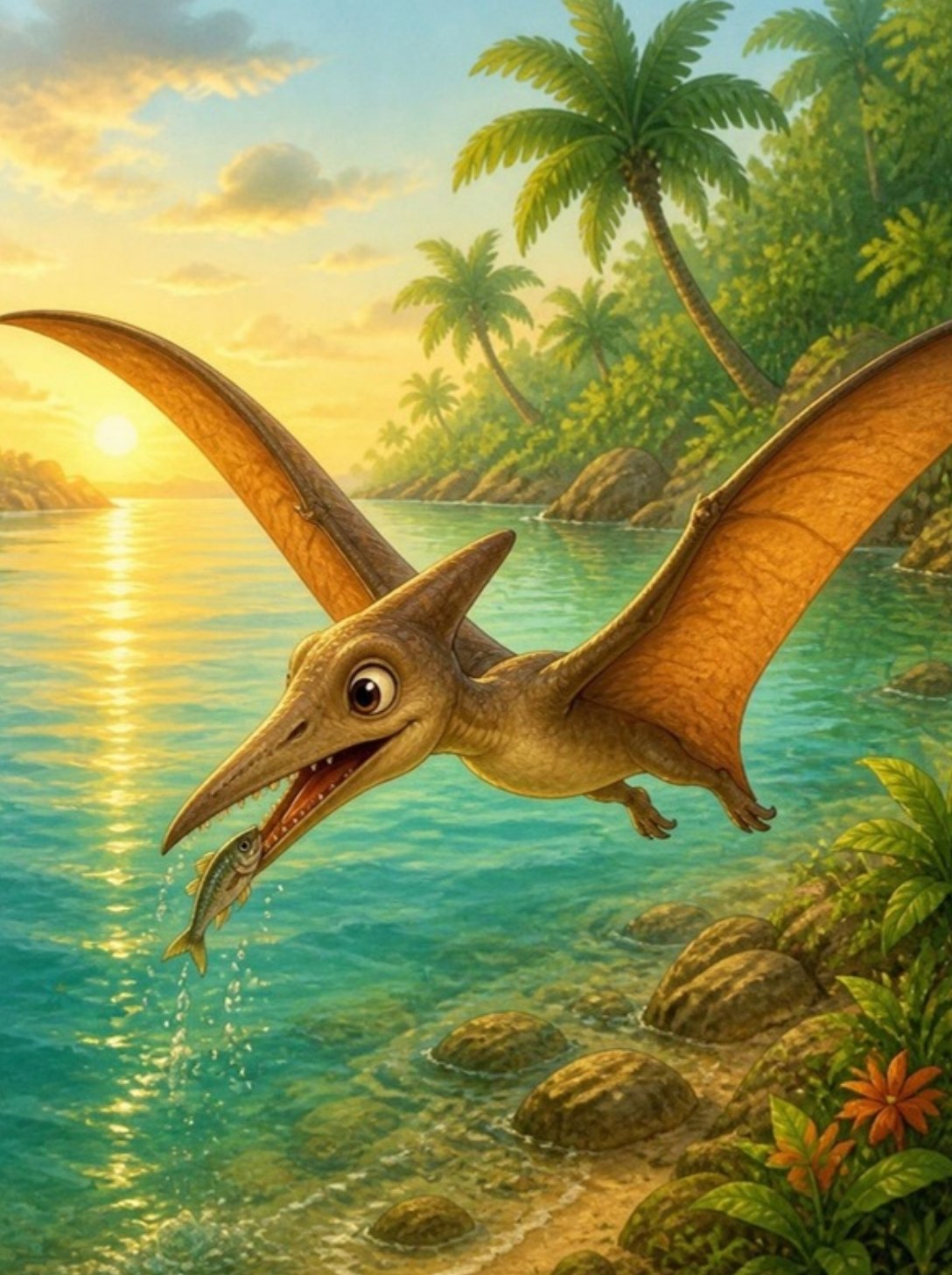 Pterodaktil sa krilima od kože leti nisko iznad lagune i hvata ribicu