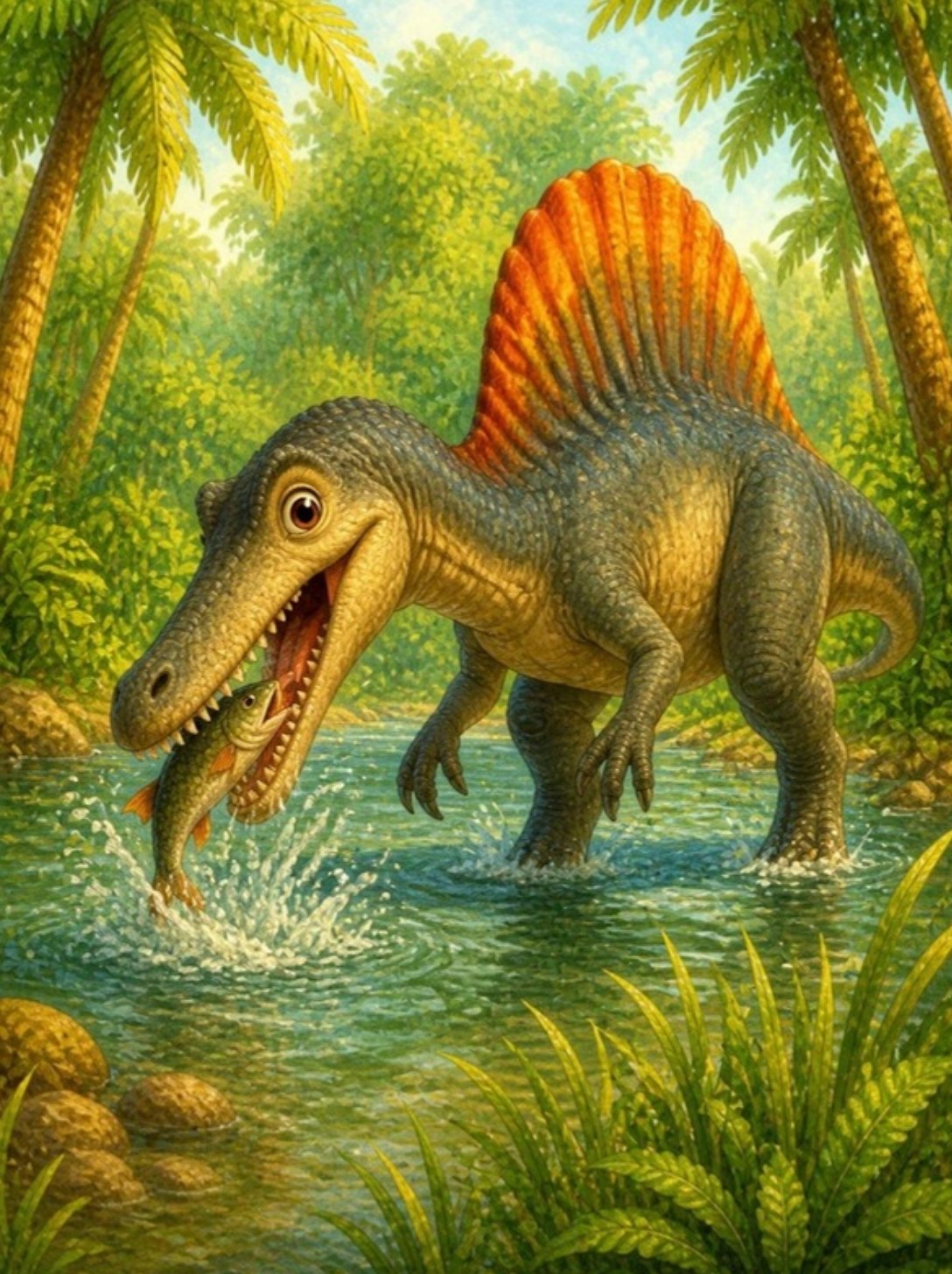 Spinosaurus sa narandžastim jedrom na leđima hvata ribu u reci