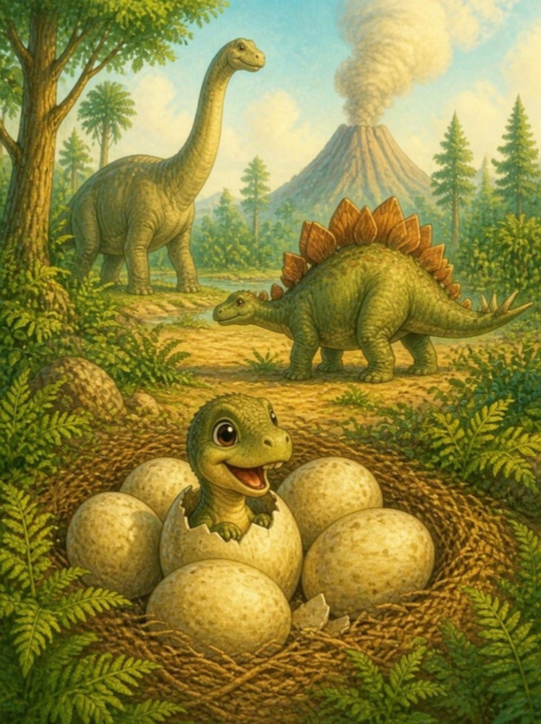 Beba dinosaurus izlazi iz jajeta u gnezdu, a iza su brahiosaurus, stegosaurus i vulkan