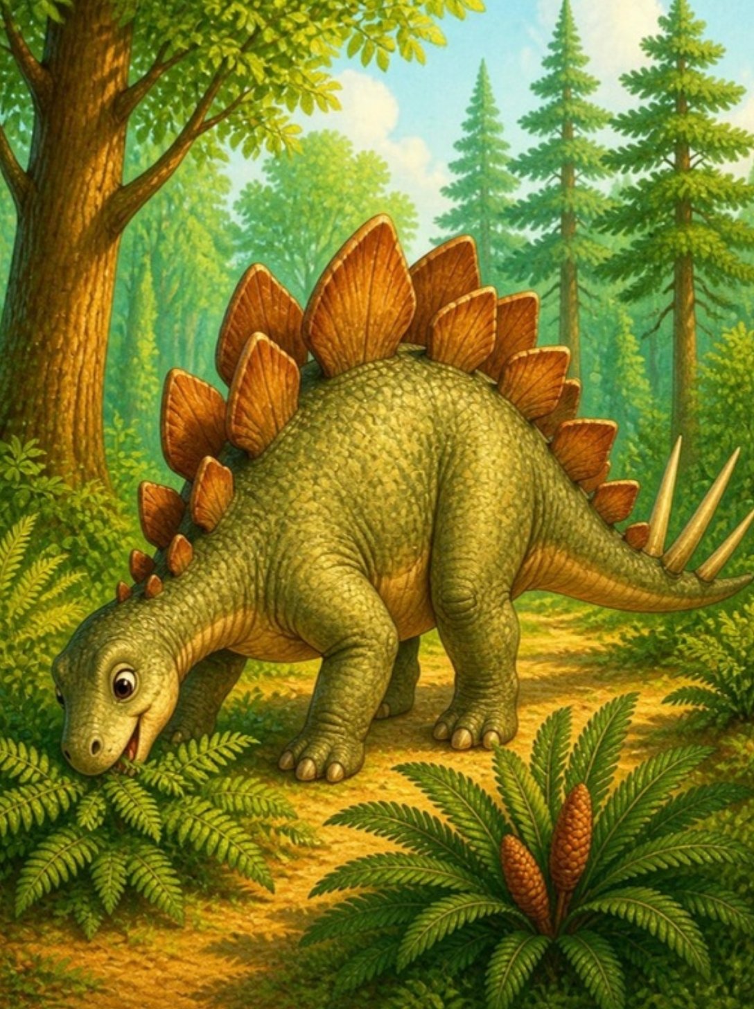 Stegosaurus sa pločama na leđima i šiljcima na repu jede paprat