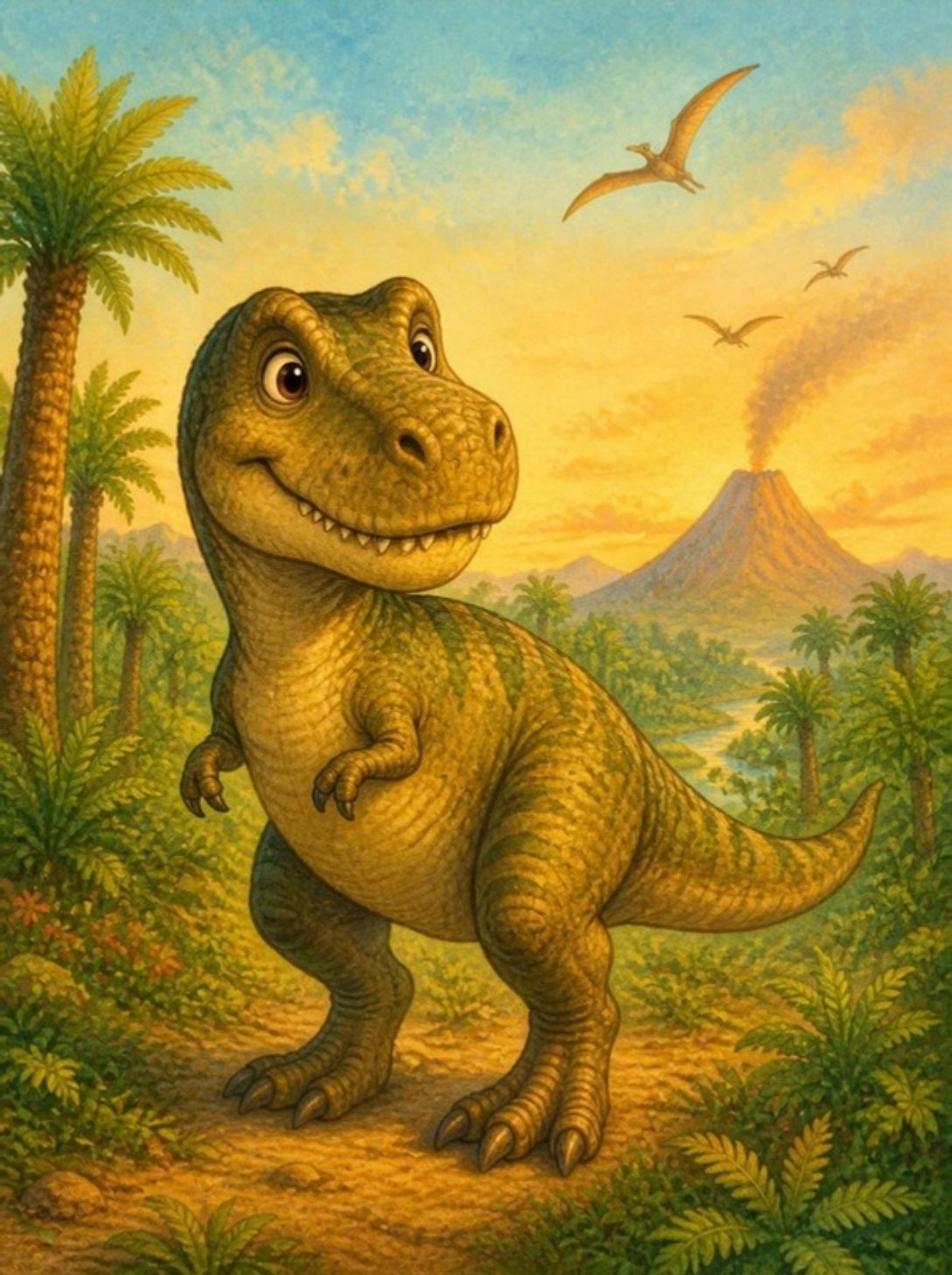 Nasmejani tiranosaurus reks stoji među papratima i palmama, a iza njega se puši vulkan