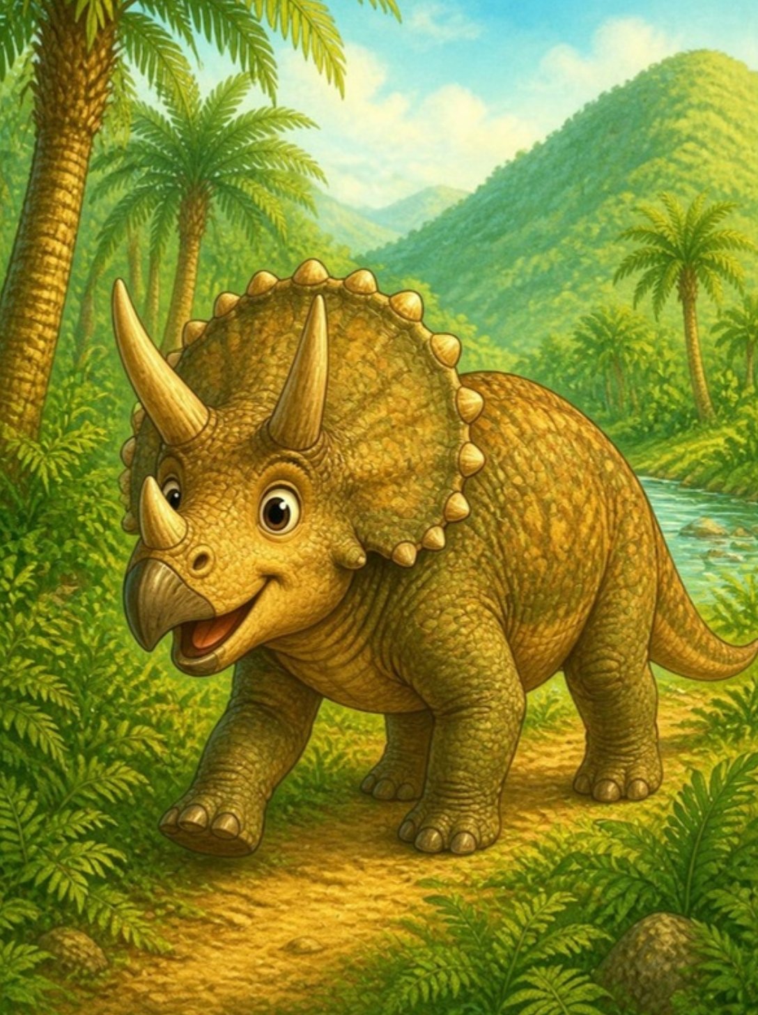Nasmejani triceratops sa tri roga i štitom šeta između paprati i palmi