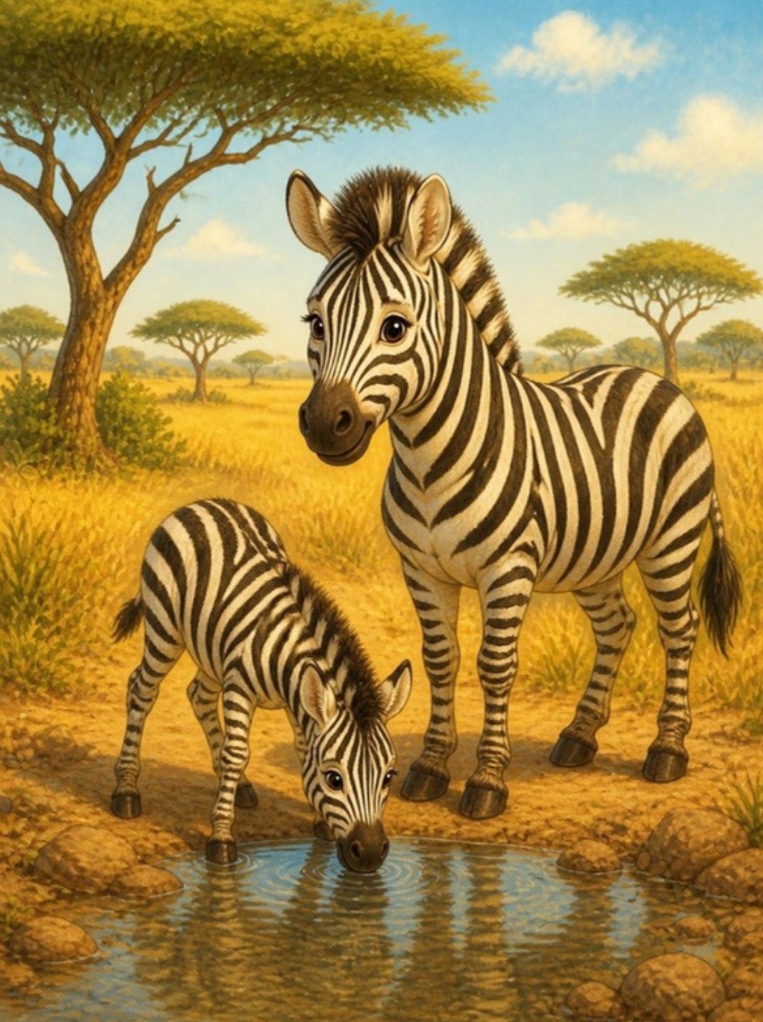 Zebra i malo zebrino piju vodu na pojilu u savani