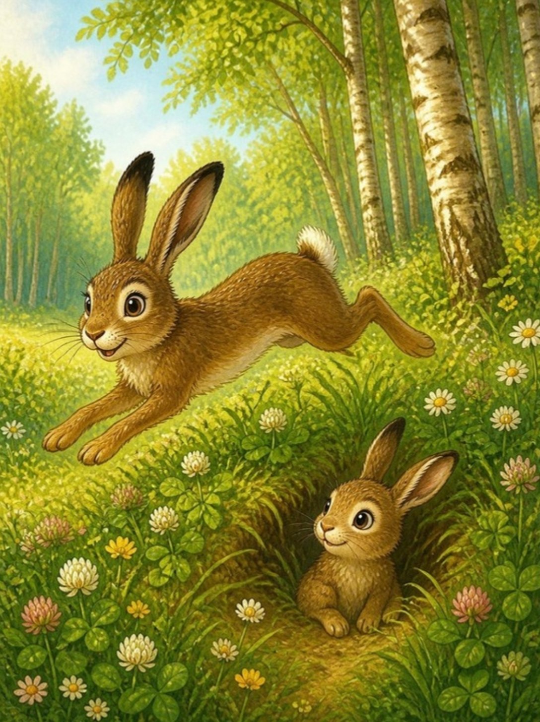 Smeđi zec skače preko livade na ivici brezove šume, a zečić sedi u udubljenju u travi