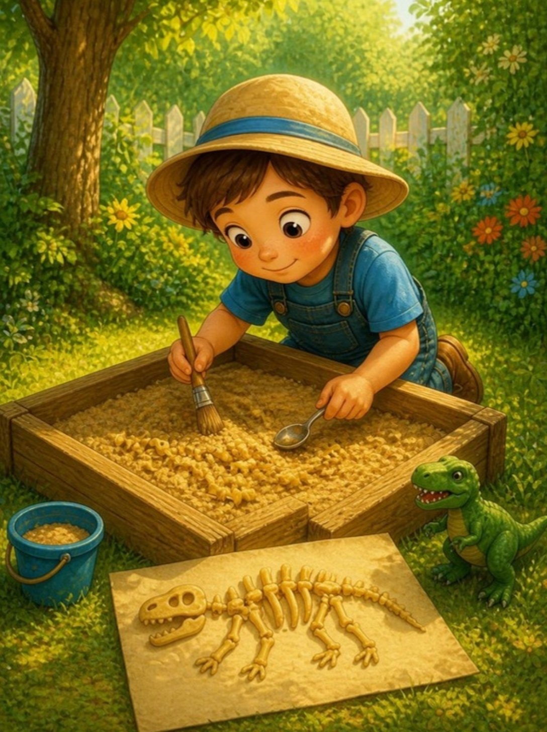 Dete četkicom iskopava kosti u pesku i slaže skelet dinosaurusa