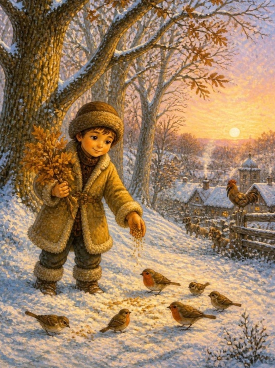 Dečak sa badnjakom u zoru baca žito pticama u snegu na brežuljku iznad sela