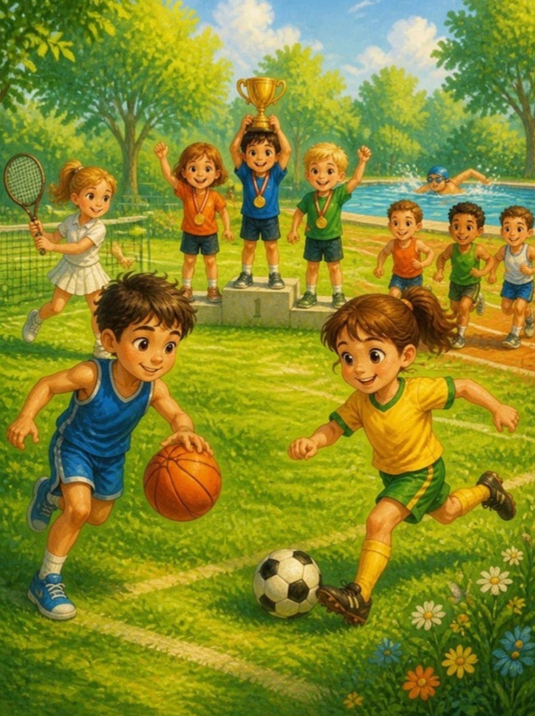 Deca na sportskom terenu igraju košarku, fudbal i tenis, a pobednici na postolju podižu pehar
