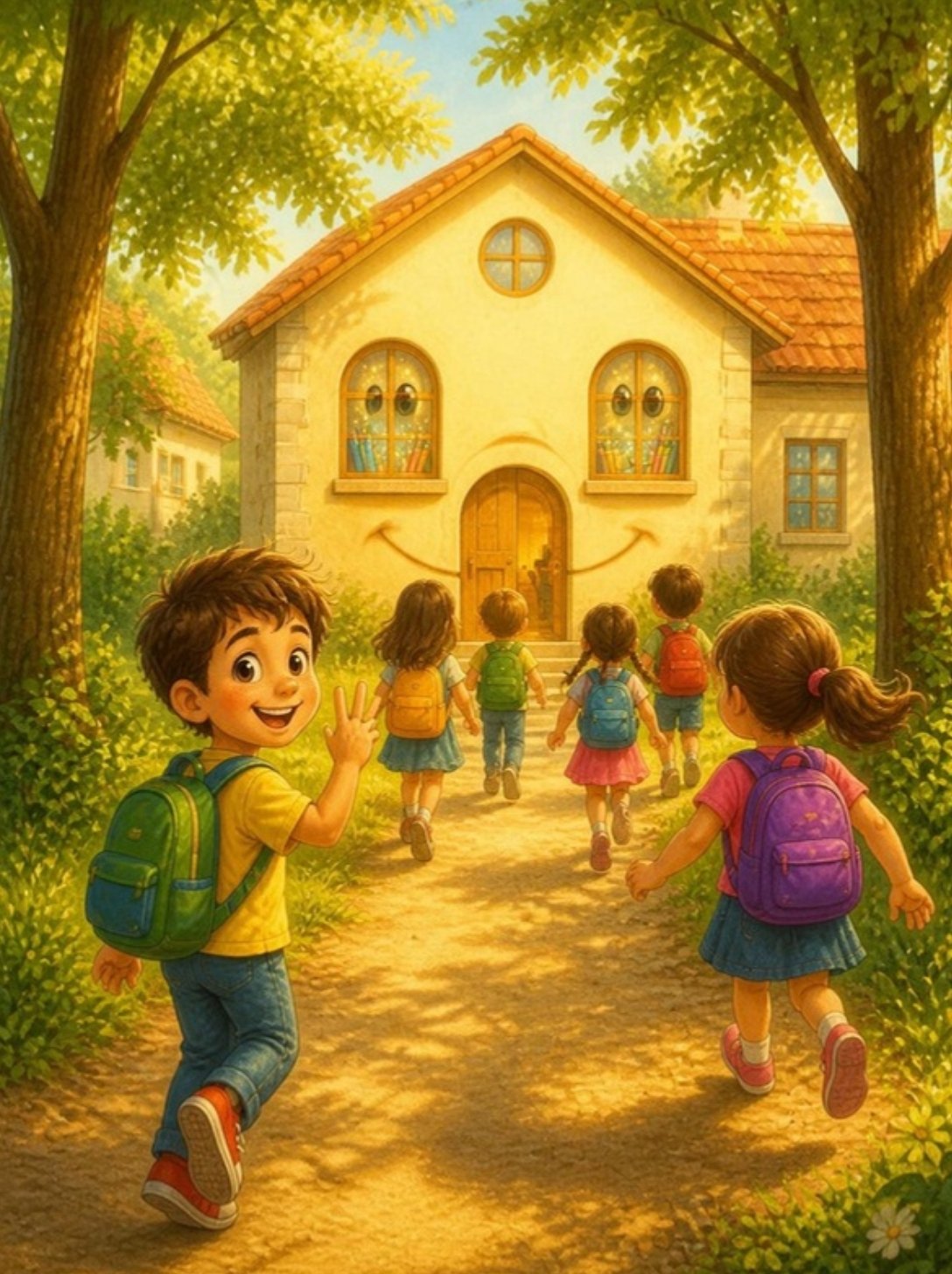 Deca sa rancima trče ka nasmejanoj školi obasjanoj jutarnjim suncem