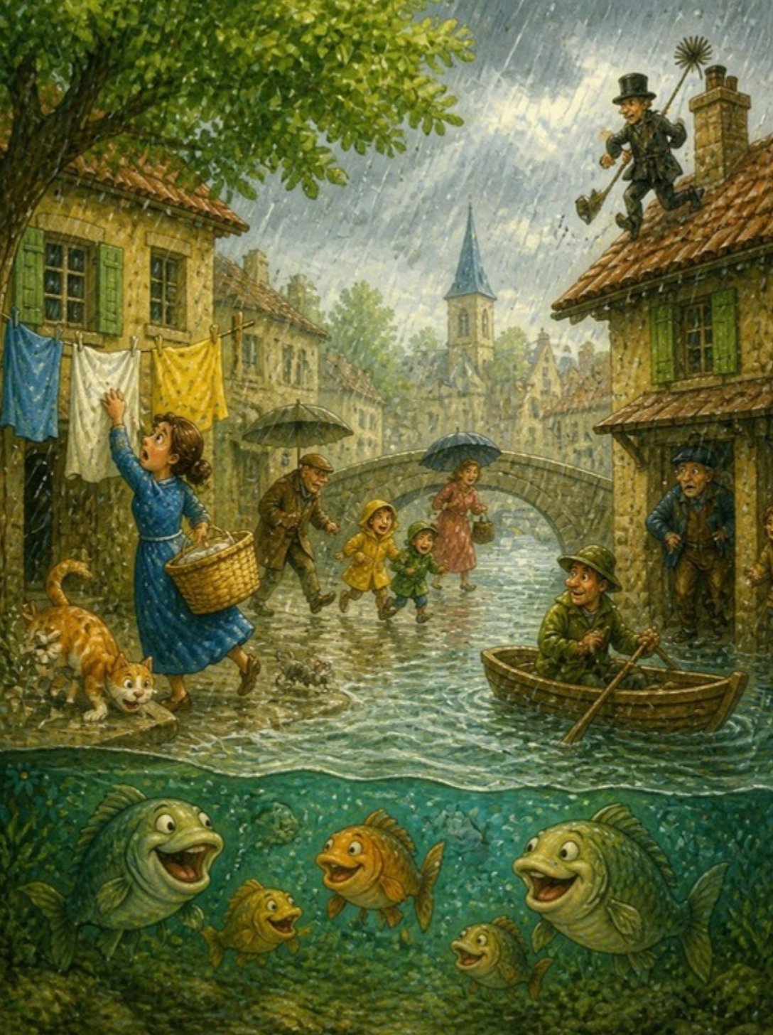 Kad počne kiša, svi u gradiću beže pod strehe: dimničar, ribar i žena sa vešom, a ribe se pod vodom smeju