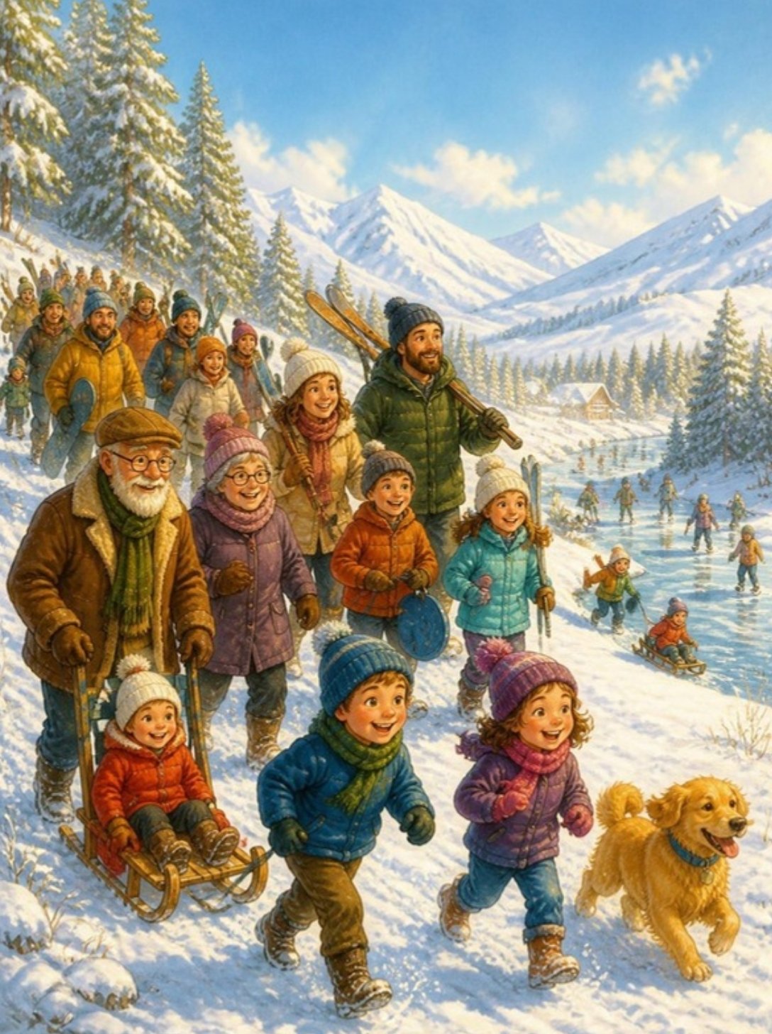 Cela familija sa sankama i skijama veselo ide na sneg u planinu, a deca klizaju po zaleđenoj reci
