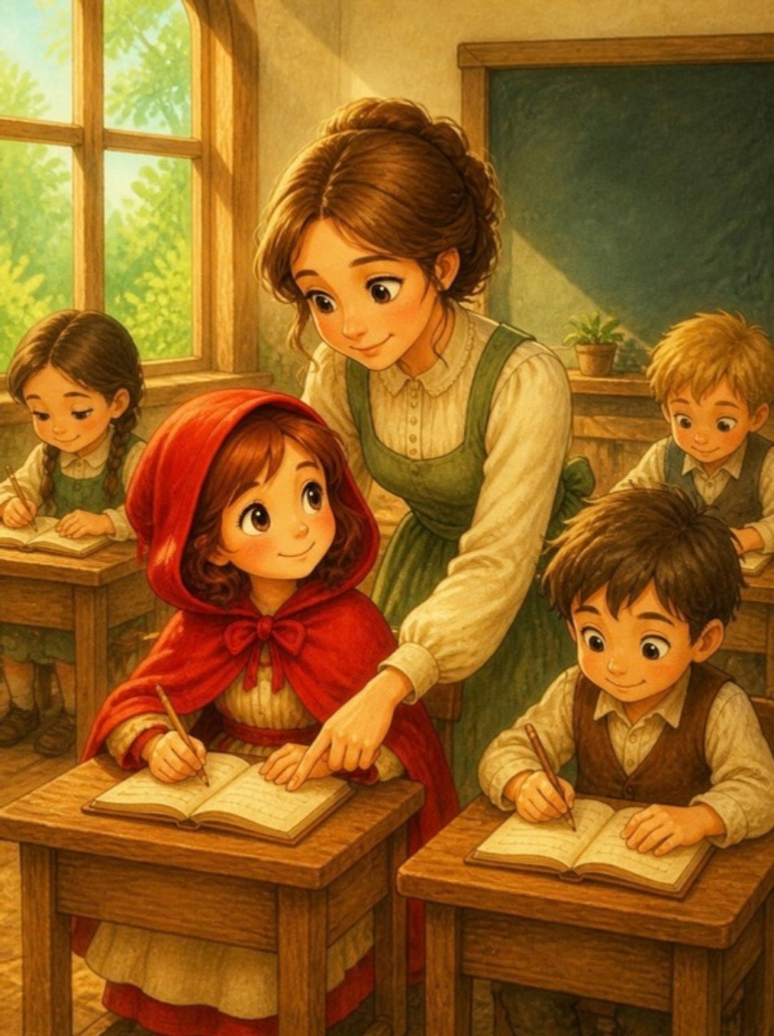 Nasmejana učiteljica pomaže đacima u klupama u sunčanoj učionici